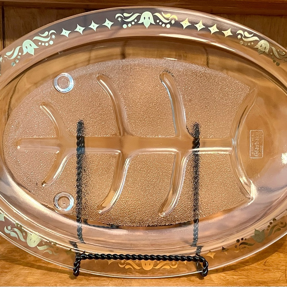 Vintage Glassbake Tree of Life Meat Serving Plate W/ Gold Starburst Trim.